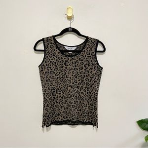 Ming Wang Black Brown Leopard Animal Print Scoop Neck Knit Tank Top